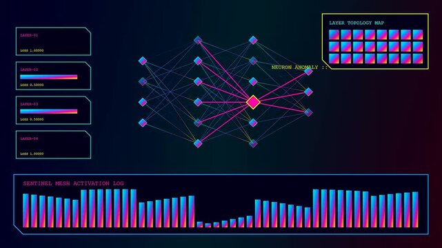 A digital anomaly detection interface presents complex data visualizations showing shifting neuron node connections and fluctuating bar charts across multiple animated frames on a dark screen