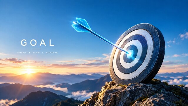 Blue target board with arrow on mountain peak against sunset sky symbolizing business goal focus and achievement strategy