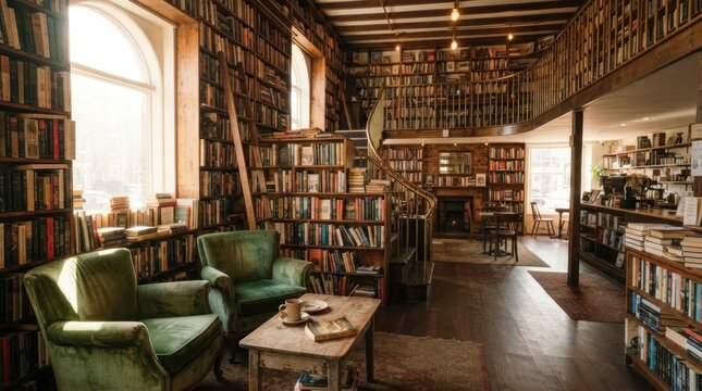 Cozy Interior of a Vintage Library with Green Armchairs and Bookshelves.