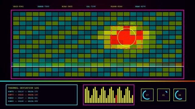 Anomaly detection interface displaying three active grid monitoring panels with red glowing thermal hotspots and yellow circular indicators presented on a dark digital computer display screen