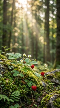 Wild strawberries growing on a mossy rock in a forest with sunbeams