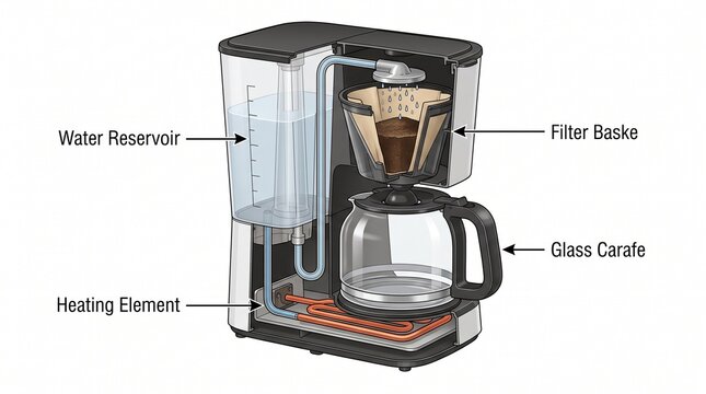 Diagram of a drip coffee maker with labeled internal components
