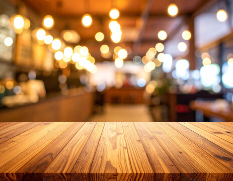 温かみのある木目が美しいテーブルの天板とぼかした照明が輝くカフェの店内風景　手前を大きく空けて商品を置ける台座のような平らな面と背景のボケ味を活かした合成用素材　コスメや美容グッズのディスプレイ、季節限定メニューの紹介、SNS投稿用の商品撮影、Webサイトのバナー、広告デザインの背景に使える落ち着いた空間の画像