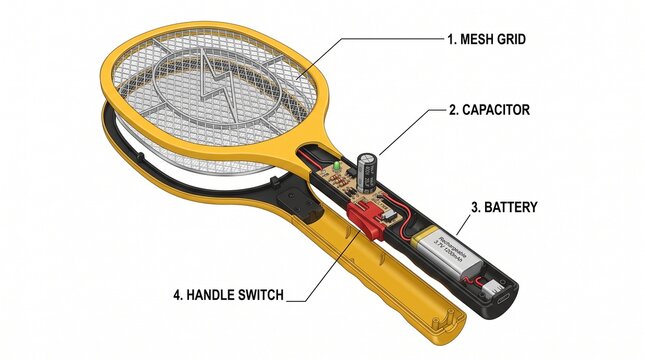 Cross section diagram of an electric fly swatter racket