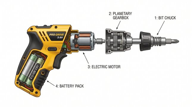 Exploded view illustration of a cordless power screwdriver