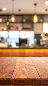 温かみのある木目調のテーブルの表面が手前に広がり奥のカフェの店内が美しくぼやけた背景　商品撮影に適した台座の役割を果たす平らなスペースと心地よい光の粒が幻想的な雰囲気の空間　新商品やコスメのディスプレイ、料理の紹介や美容関連のSNS投稿、メニュー表やポスターの合成素材、おしゃれなWebサイトの背景として活用可能な高品質な写真