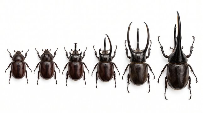 Six rhinoceros beetles of different sizes arranged in a row