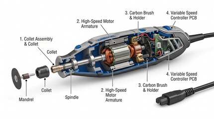 Cutaway diagram of a rotary tool showing internal motor components