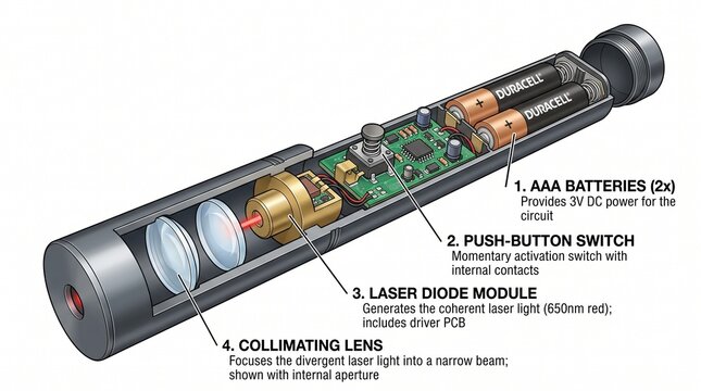 Cutaway diagram of a laser pointer showing internal components