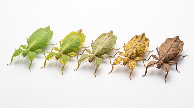 Five leaf insects showing color variation from green to brown