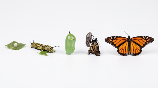 Life cycle stages of a monarch butterfly on white background