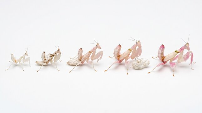 Orchid mantis life cycle stages showing growth and molting