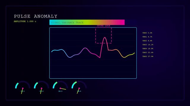 Digital anomaly detection interface showcasing fluctuating neon waveforms on a dark screen with shifting peak values and radial gauges monitoring system signal variance over time