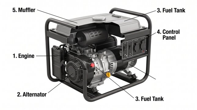 Portable gas generator with labeled parts on white background