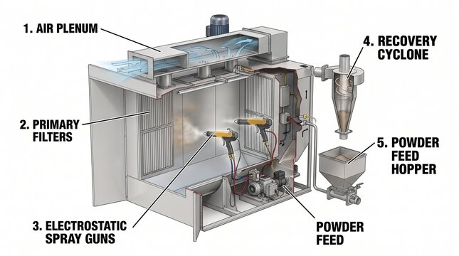 Diagram of a powder coating booth system with labeled components