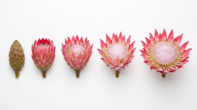 Five stages of king protea flower blooming on white background