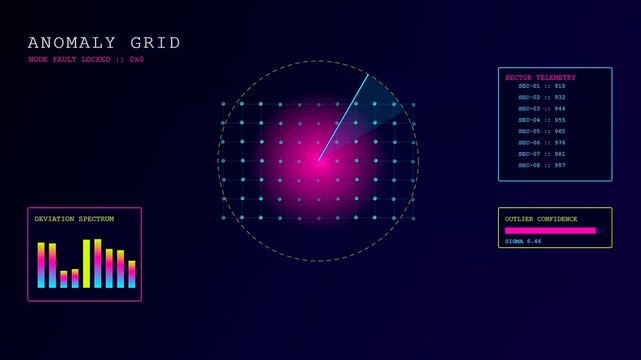 A digital anomaly detection interface presents scrolling telemetry charts and rotating radar sweeping signals across glowing magenta and cyan grid systems within a dark virtual environment