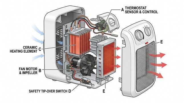 Exploded view diagram of a ceramic space heater mechanism