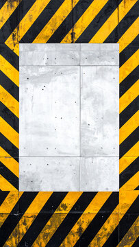 工事現場の危険を示す黄色と黒の警戒色である斜めストライプ柄に囲まれた無機質なコンクリートの壁面　中央に文字入れ可能な広いコピースペースを配置した注意喚起を連想させる警告の背景素材　建設現場の看板や案内掲示、安全管理の告知ポスター、緊急時の警告表示、工場の掲示物、Webサイトの注意喚起バナー、YouTubeのサムネイル用画像