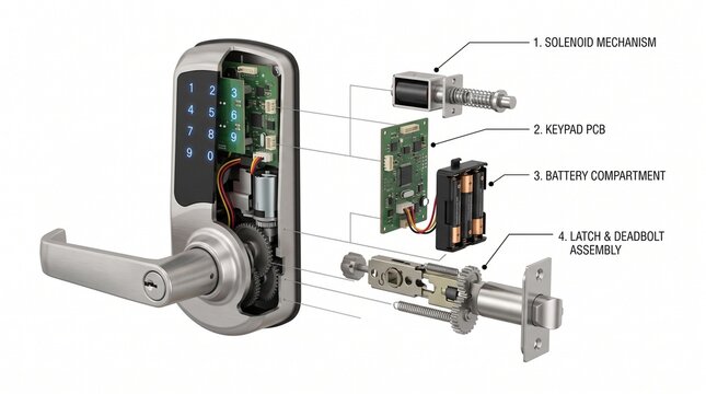 Exploded view diagram of an electronic door lock mechanism