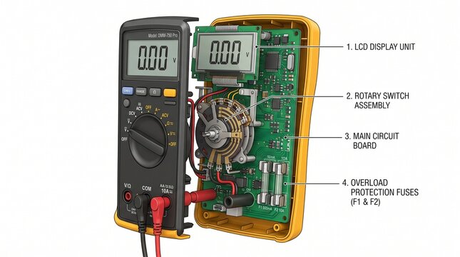 Digital multimeter with internal components and labeled parts