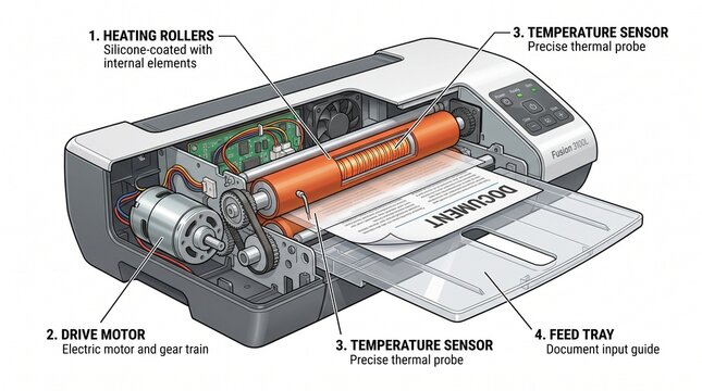 Diagram of a document laminator showing internal mechanical components