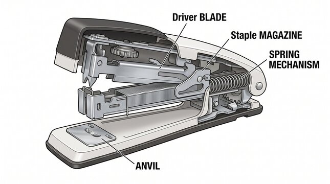 Cutaway diagram of a stapler showing internal mechanical parts
