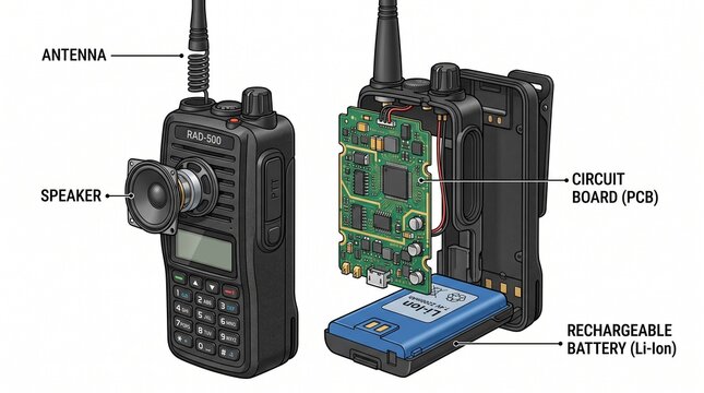 Exploded view diagram of a handheld radio walkie talkie