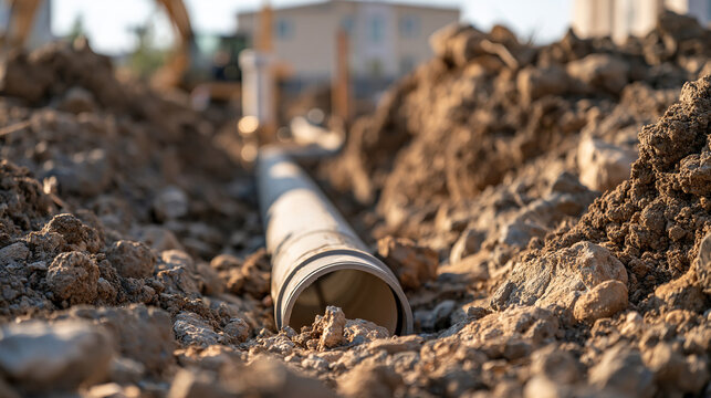 Utility Pipe Laid Inside a Rough Construction Trench in Dry Soil
