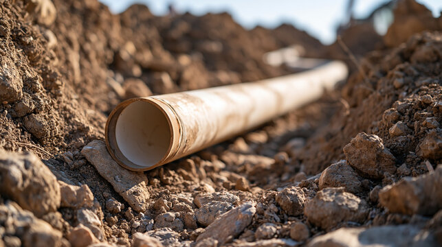 Open Pipe End Resting Among Rocks and Dirt During Installation
