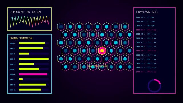 Anomaly detection interface displaying holographic crystal structure logs with shifting bond tension metrics in a dark virtual diagnostic environment for advanced digital system performance analysis