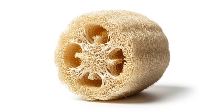 Deeply textured unbleached loofah sponge isolated on white background with minimalist side lighting emphasizing raw organic fibrous patterns, wellness, body care, plant