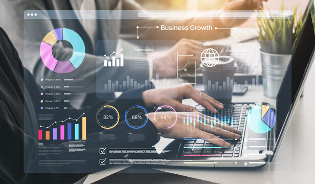 A modern office scene showcasing a laptop with data analytics and business growth charts, highlighting the importance of data-driven decision-making in corporate environments. Nascent