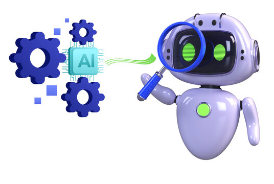 Cute Robot Holding Magnifying Glass Examining AI Icon