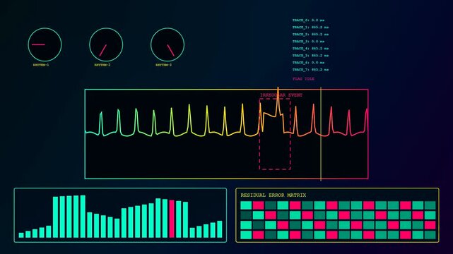 A digital anomaly detection interface visualizes pulsating medical waveforms with vibrant light signals across three sequential screens depicting shifting data patterns on a dark screen background