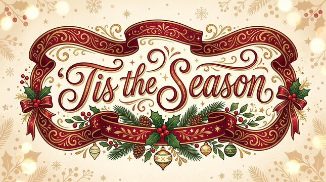 Festive Tis the Season lettering with elegant red and gold ribbon. Christmas holiday typography design with holly and ornaments. Vintage style greeting card background