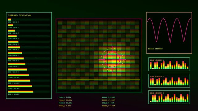 Monitoring an anomaly detection sequence on a digital interface showing fluctuating waveforms and pulsating thermal grid patterns across three distinct stages of a complex data analysis