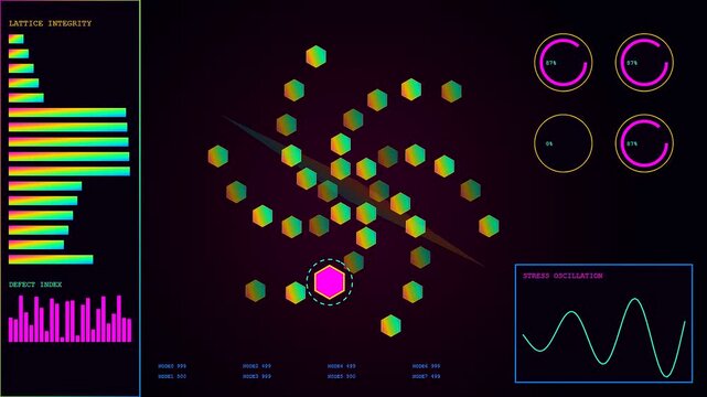 A digital anomaly detection system showing rhythmic geometric shapes pulsating across three synchronized dark display screens with vibrant cyan and neon pink graphical data visualization elements