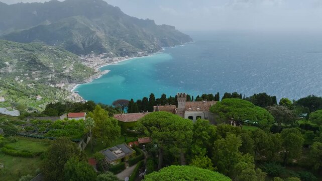 Ravello from a drone, Amalfi Coast, Tyrrhenian Sea, Salerno, Campania, Italy