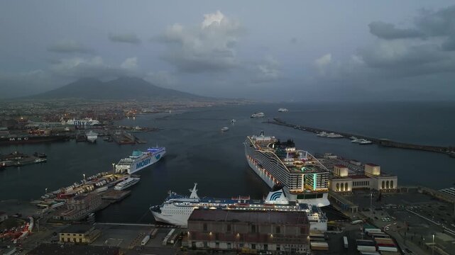 Naples Ferry Terminal at night from a drone, Molo Immacolatella Vecchia, Naples, Campania, Italy