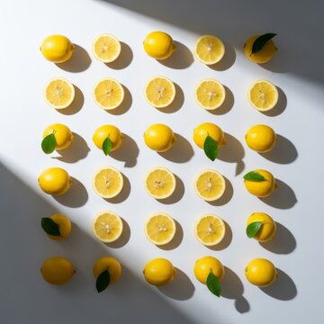 Symmetrically organized whole lemons and slices creating a perfect grid layout on a light surface with soft shadows and bright natural light, wallpaper, organized, nutrition