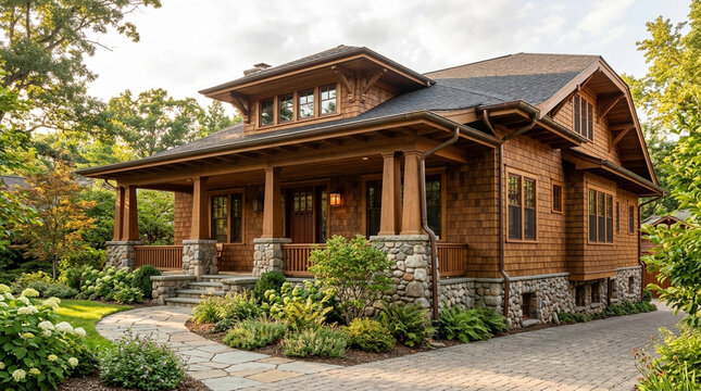 Elegant Craftsman Style Wooden House Surrounded by Lush Green Garden and Mature Trees in a Peaceful Residential Neighborhood