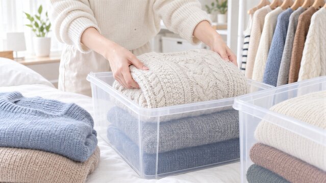 Hands folding heavy winter sweaters into clear plastic storage boxes for spring cleaning and wardrobe transition.