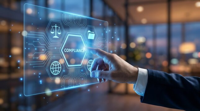 Digital business technology concept showing a businessman selecting compliance rules on a holographic interface.