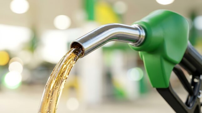 Close up of renewable ethanol biofuel pouring from a green gas pump nozzle.