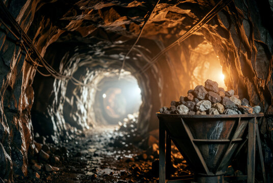 Coal cart in dark mine tunnel