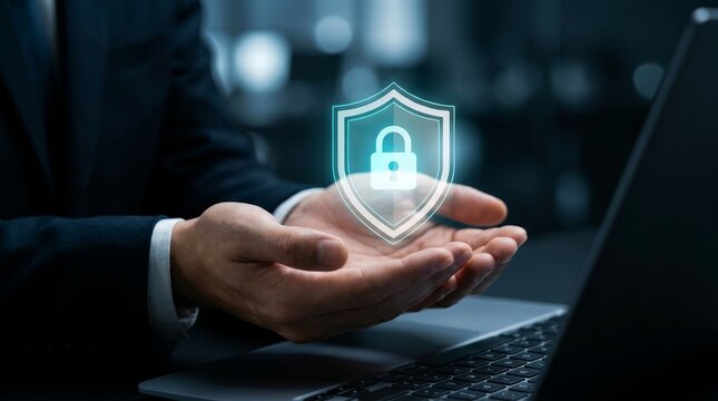 Safe data protection concept with a businessman holding a digital shield and padlock icon.