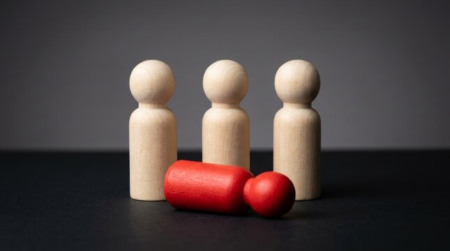 Social exclusion and mental health issues depicted by a fallen red figure among standing wooden people.