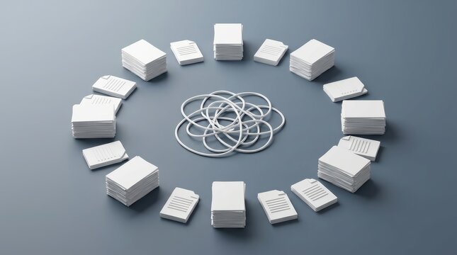 Workflow optimization and solving formalities represented by paper stacks and messy knots.
