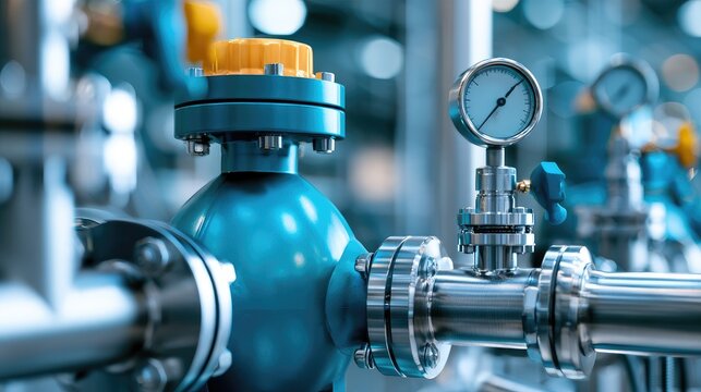 Industrial equipment with valve and pressure gauge in manufacturing facility, showcasing modern technology in pipe systems and process controls